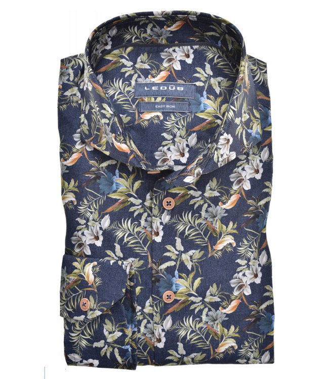 0139975 170-285 heren overhemd donkerblauw met groen bruin bloemen print