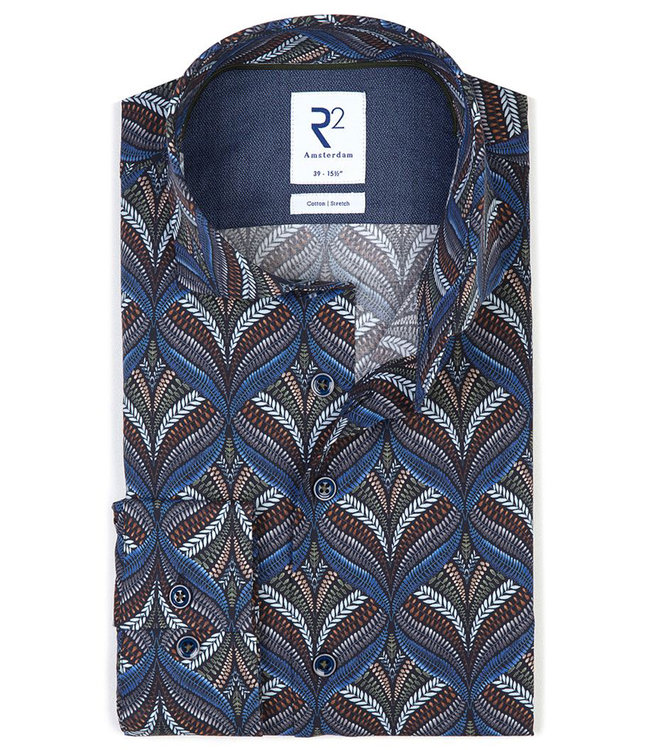 114.WSP.083/010 overhemd donkerblauw groen grijs blauw bruin grafische print