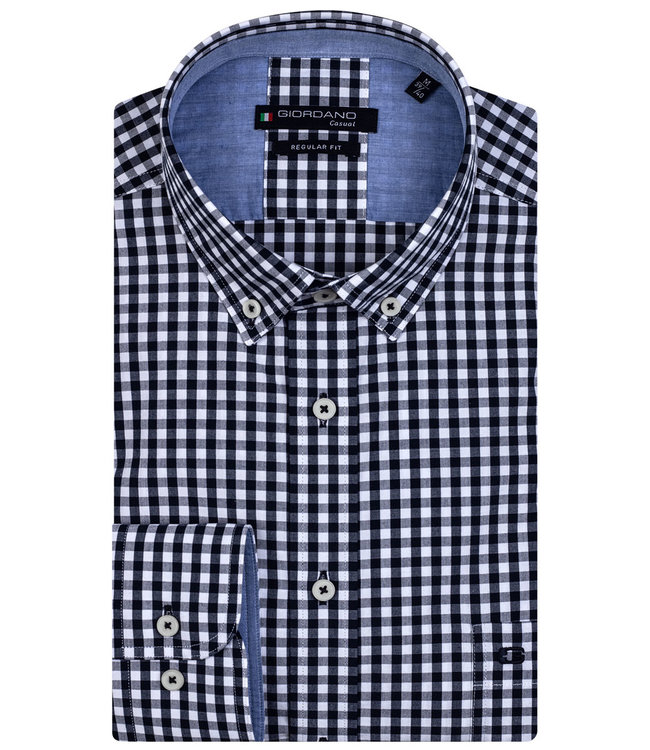 127300-60 Giordano Regular heren overhemd lange mouw donkerblauw-wit ruitje button down