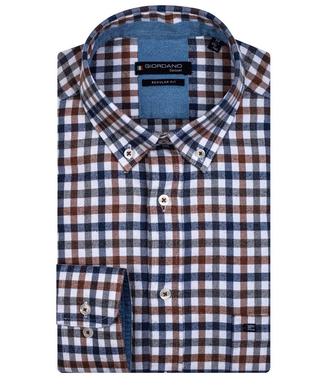 Giordano Regular Fit 127305-86 Giordano Regular heren overhemd lange mouw bruin wit donkerblauw flanel ruitje