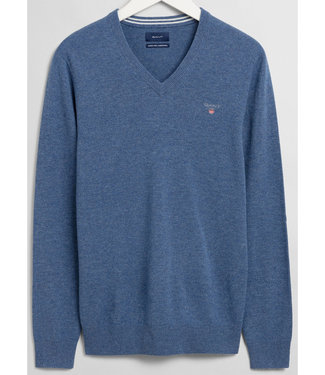 Gant heren blauw melange v-hals trui