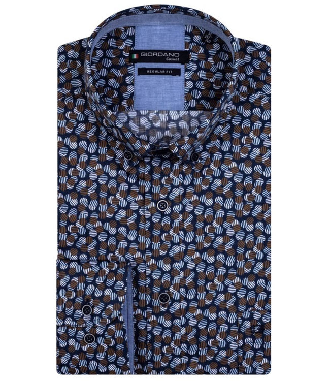 127031-69 Giordano Regular heren overhemd donkerblauw donkerbruin lichtblauw grafische print