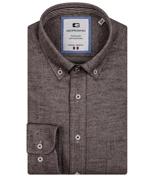 Giordano Tailored 127802-80 Giordano Casual heren overhemd donkerbruin visgraat