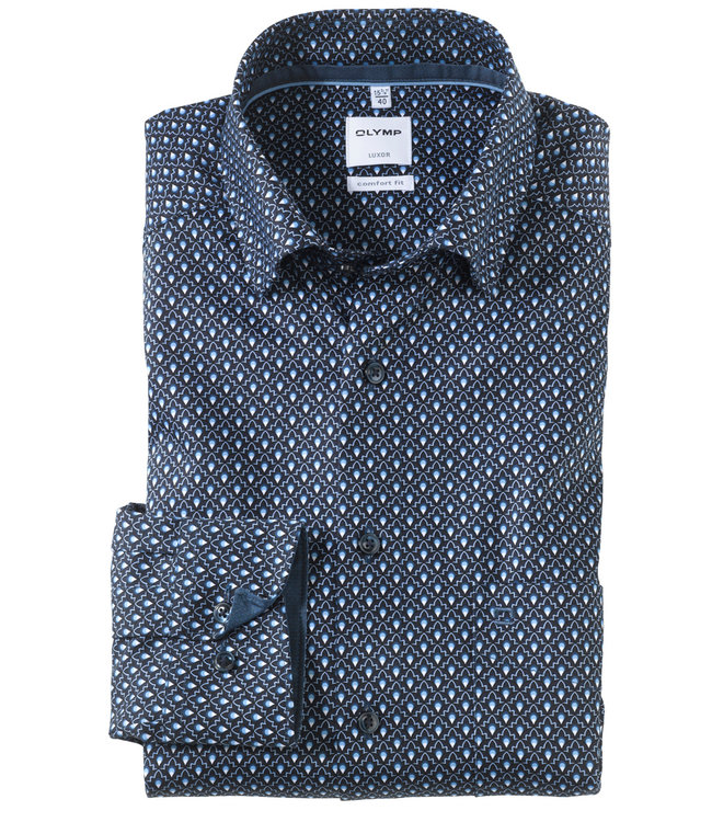 Olymp 1017 64 11 olymp overhemd donkerblauw wit lichtblauw print comfort fit