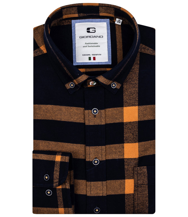 127878-69 Giordano Casual heren overhemd donkerblauw okergeel grote ruit