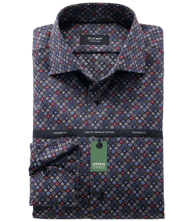 Olymp 8561 84 14 strijkvrij overhemd donkergroen donkerblauw print wide spread