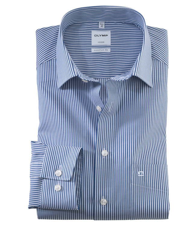Olymp 0726 64 18 heren strijkvrij overhemd donkerblauw-wit streepje 1knoops new kent