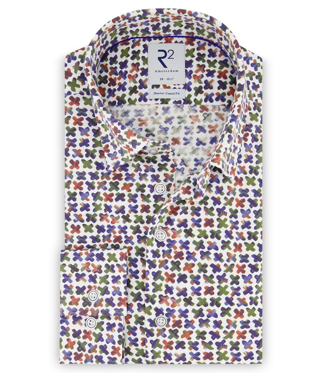 116.HBD.017/073 heren overhemd wit met blauw oranje groen grafische print 1knoops button under met witte knopen