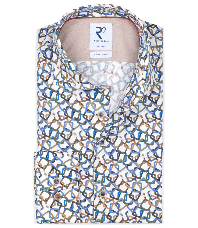 116.WSP.043/073 heren overhemd wit met bruin blauw groen brique grafische print