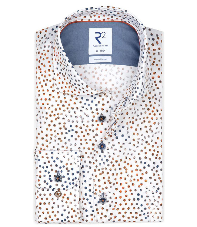 116.WSP.045/014 heren overhemd wit met donkerblauw bruin grafische print