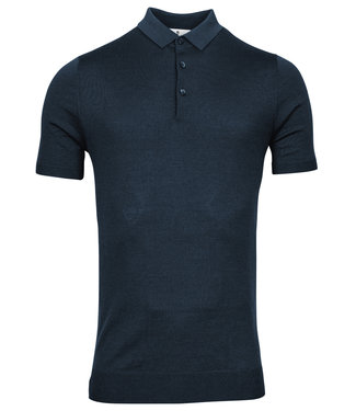 Thomas Maine heren polo korte mouw donker jeans blauw merino wol