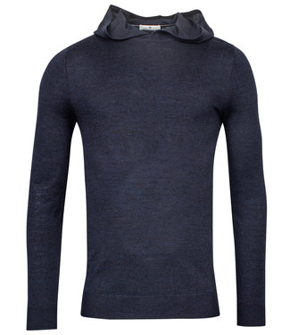 Thomas Maine heren ronde hals trui donkerblauw merino wol met hoodie hoody