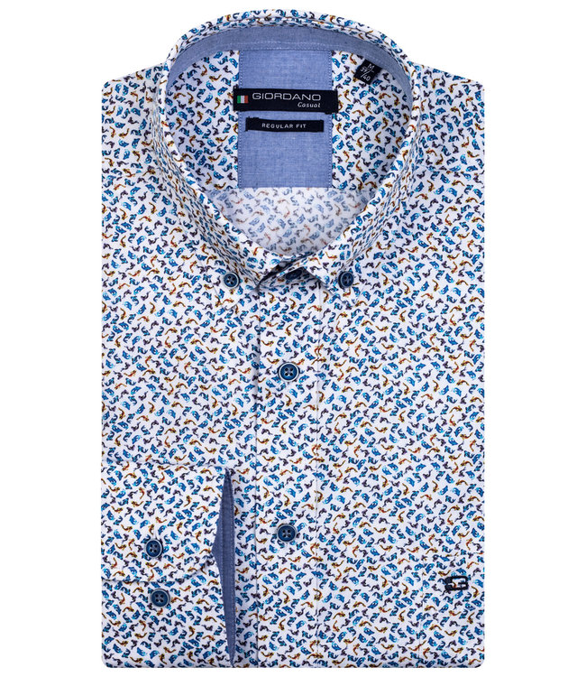 217033-62 Giordano Regular heren overhemd lange mouw wit blauw bruin dolfijnen print