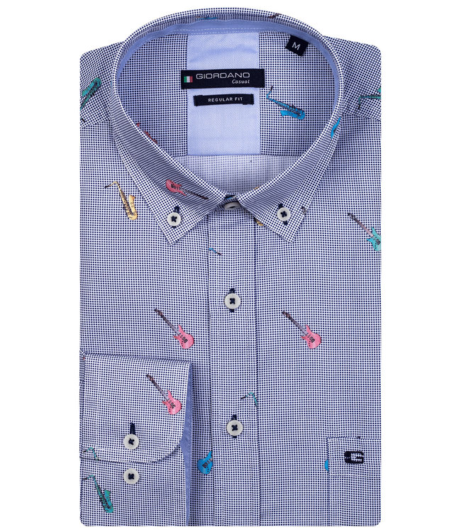 217014-60 Giordano Regular heren overhemd lange mouw donkerblauw wit muziek instrumenten print