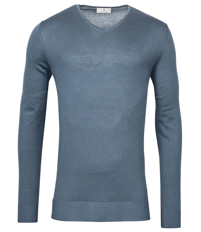 Thomas Maine 2181TM100-66 heren v-hals trui petrol jeans blauw merino wol