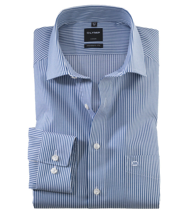 Olymp 0746 64 18 heren strijkvrij overhemd donkerblauw-wit streepje 1knoops new kent mouwlengte 5