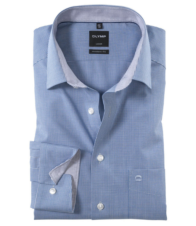 Olymp 3390 64 19 heren strijkvrij overhemd donkerblauw-wit ruitje 1knoops new kent