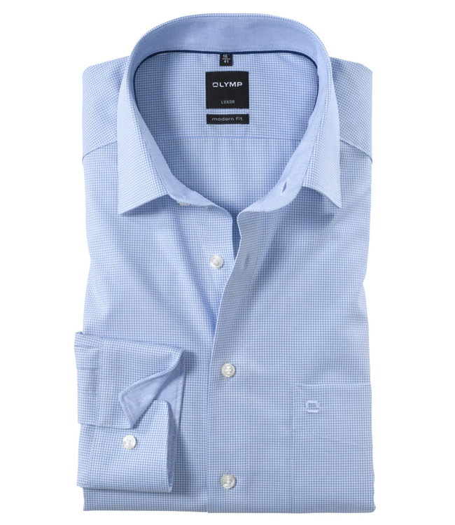 Olymp 3390 64 11 heren strijkvrij overhemd lichtblauw-wit ruitje 1knoops new kent