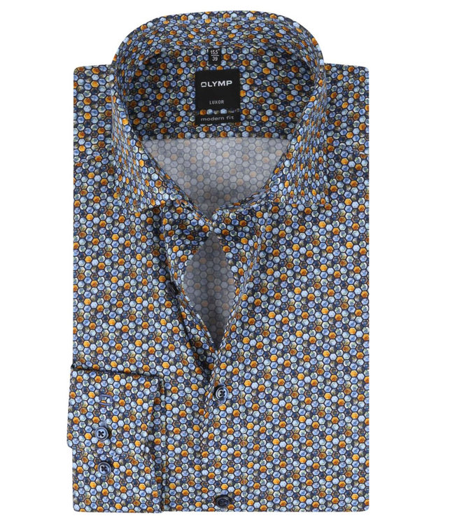 Olymp 1232 14 53 olymp overhemd donkerblauw lichtblauw donkergroen brique grafische print