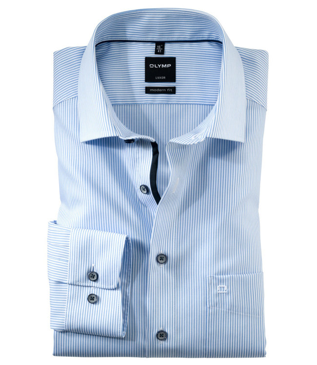 Olymp 1280 14 11 olymp overhemd blauw-wit fijn streepje met donkerblauwe knopen