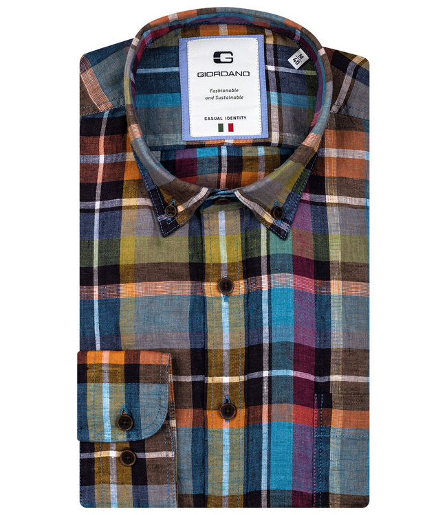 217832-60 Giordano Tailored heren overhemd modern fit tutti colori ruit brique aqua blauw okergeel