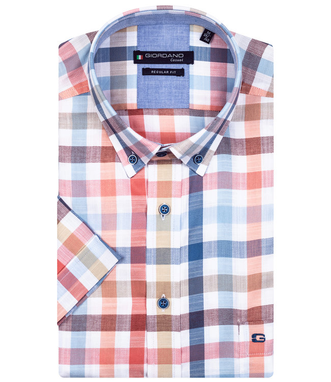 216305-31 Giordano Regular heren overhemd korte mouw wit met zalm roze lichtblauw donkerblauw ruit