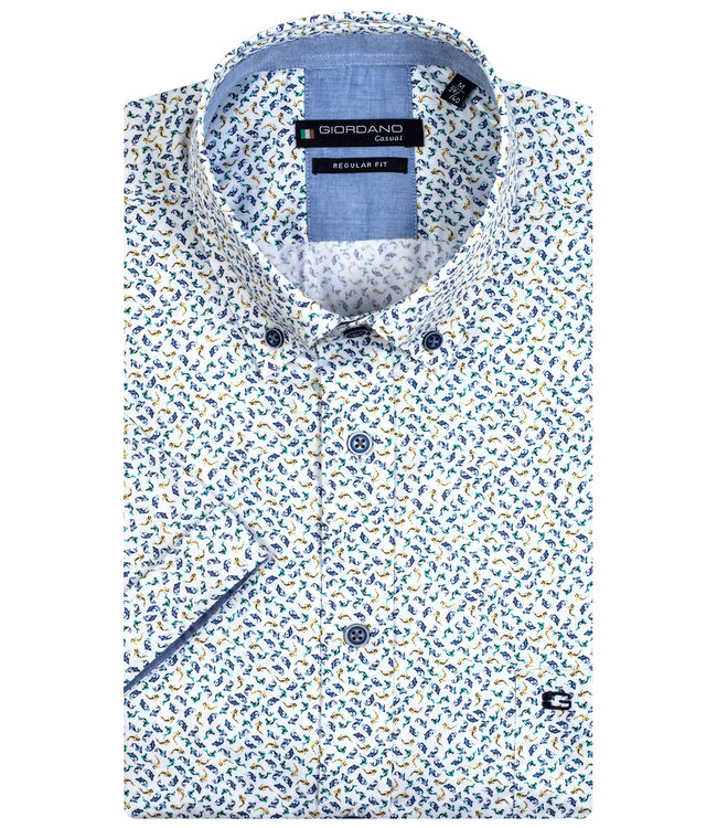 216033-71 Giordano Regular Fit heren overhemd korte mouw wit met pastel groen geel blauw vissen print