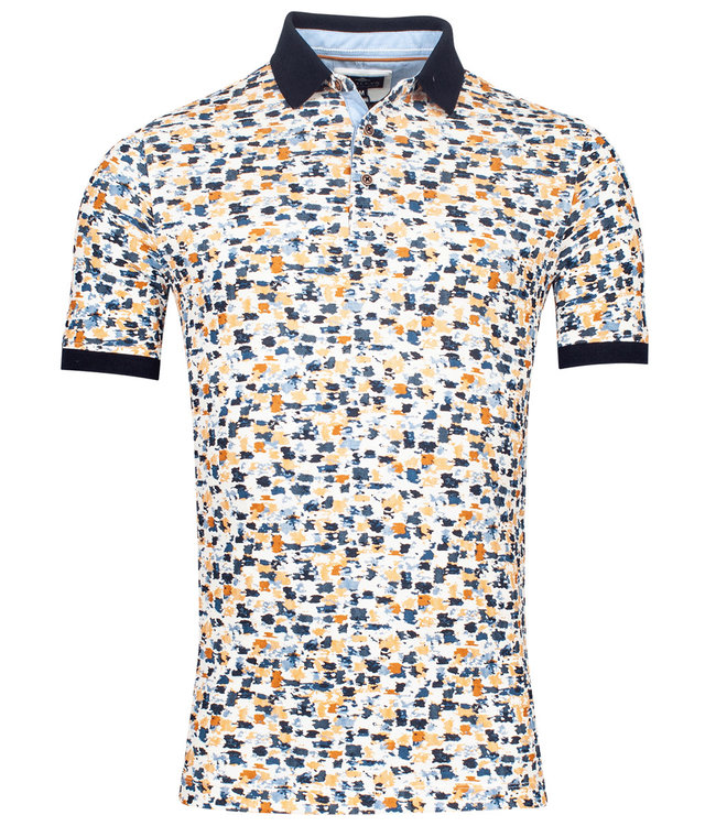 215266-30 heren polo wit met grafische print blauw donkerblauw geel okergeel donkerblauwe boord