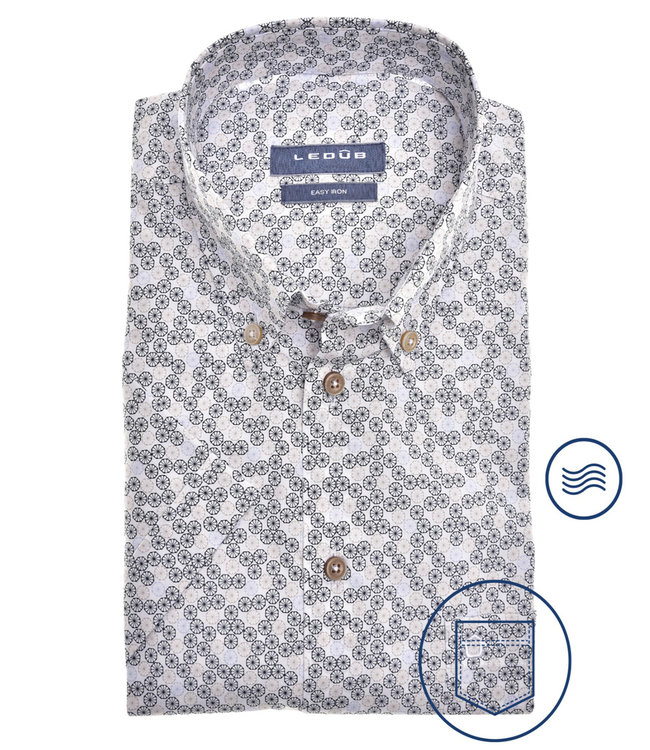 0141317 180-000 heren korte mouw overhemd wit donkerblauw beige grafische print