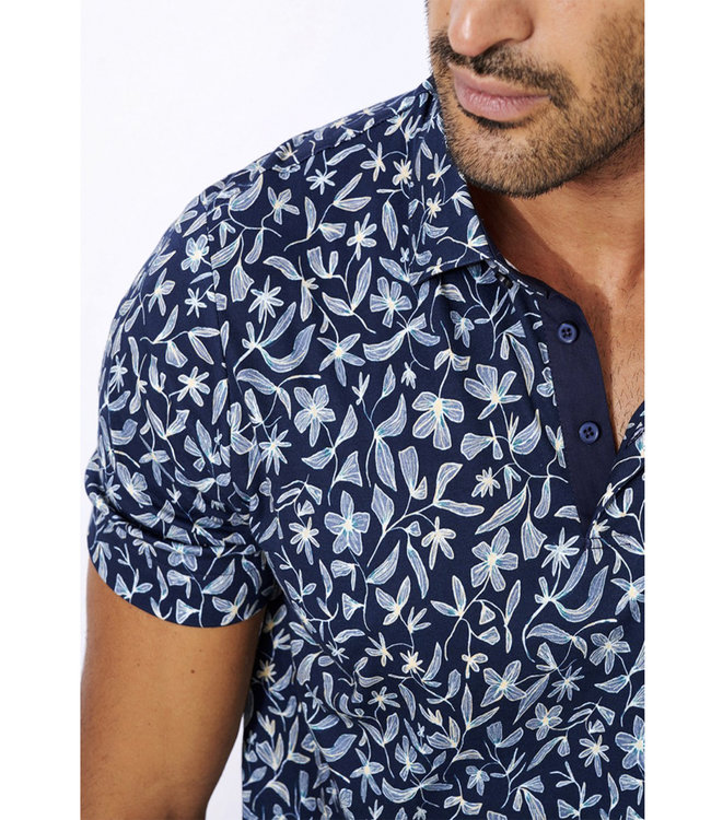 Desoto 53238-3 627 Desoto jersey donkerblauw grijs bloemenprint heren polo kent