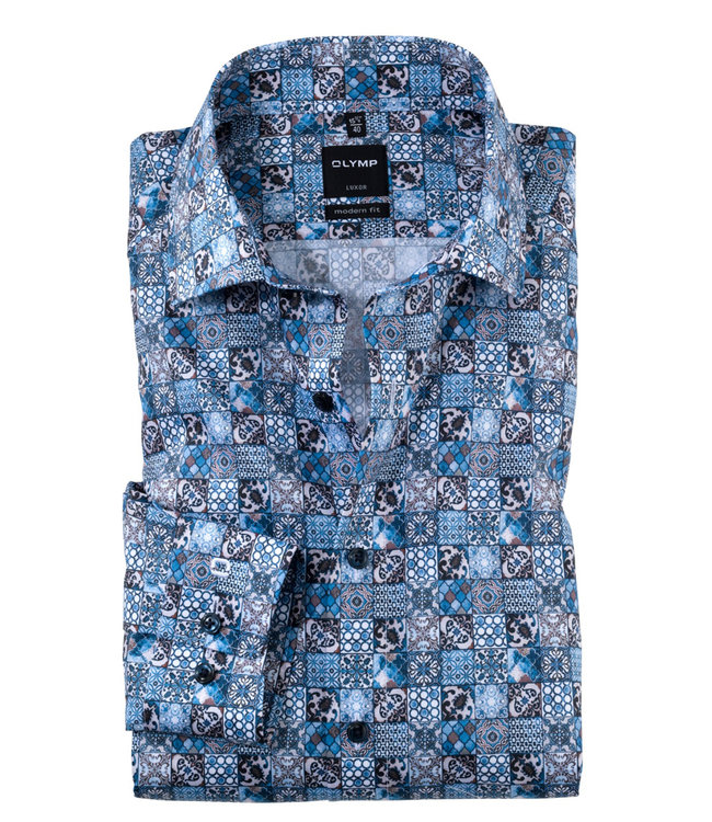 Olymp 1281 14 11 overhemd donkerblauw bruin blauw grafische print