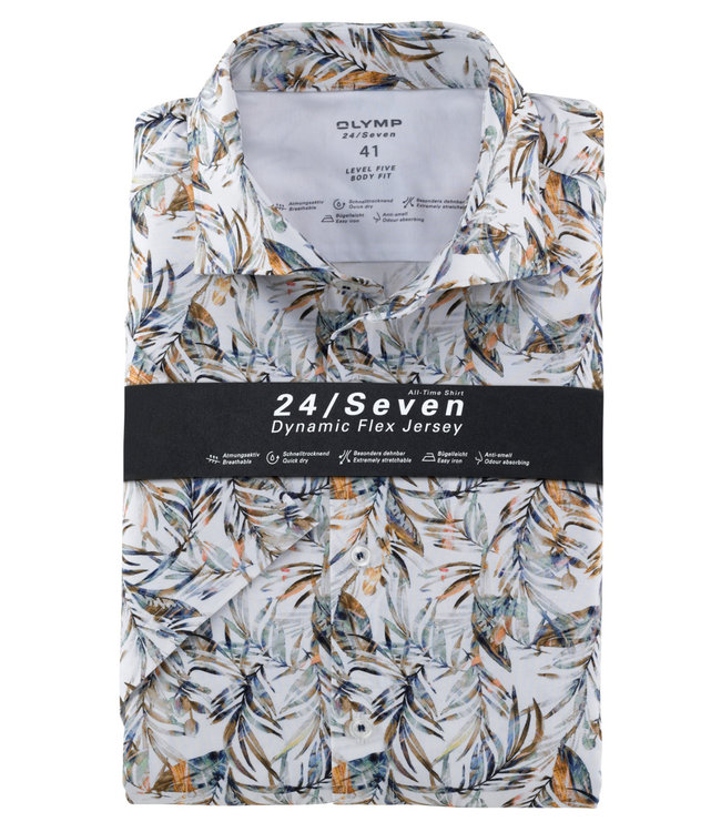 Olymp 2013 12 22  wit groen brique blaadjes print korte mouw overhemd body fit stretch