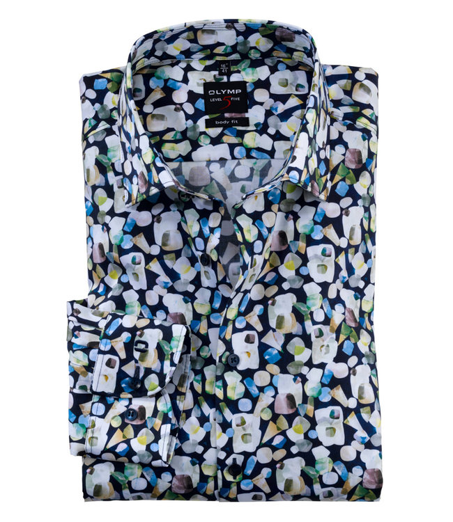 Olymp 2081 14 18 donkerblauw met wit groen grafische print 97 procent katoen 3 procent elastan