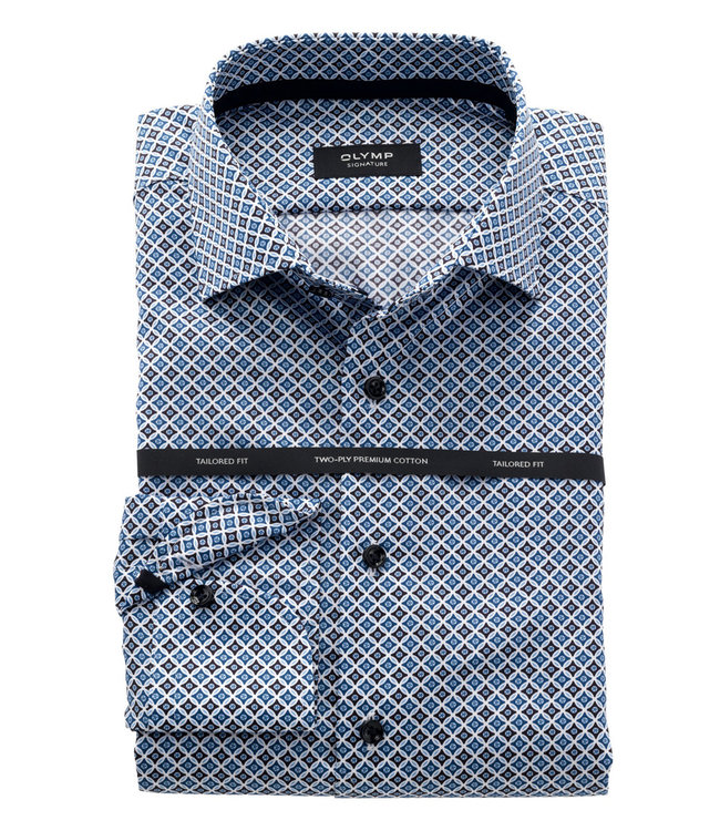 Olymp 8596 14 14 strijkvrij overhemd wit blauw donkerblauw grafische print