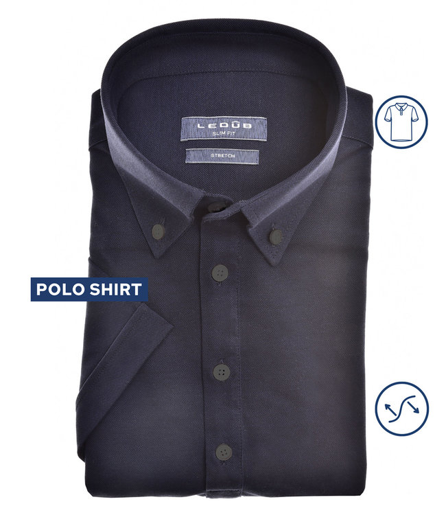 0141065-190 Ledub heren polo korte mouw slim fit donkerblauw button down