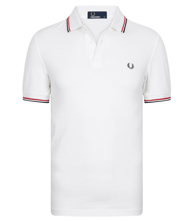 Fred Perry M3600 748 Fred Perry Twin Tipped polo wit met donkerblauw Fred Perry logo