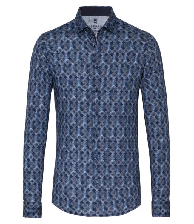 Desoto 58028-3 526 heren overhemd donkerblauw blauw grafische print kent 1knoops wide spread