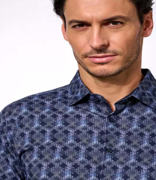 Desoto 58028-3 526 desoto heren overhemd donkerblauw blauw grafische print kent 1knoops wide spread