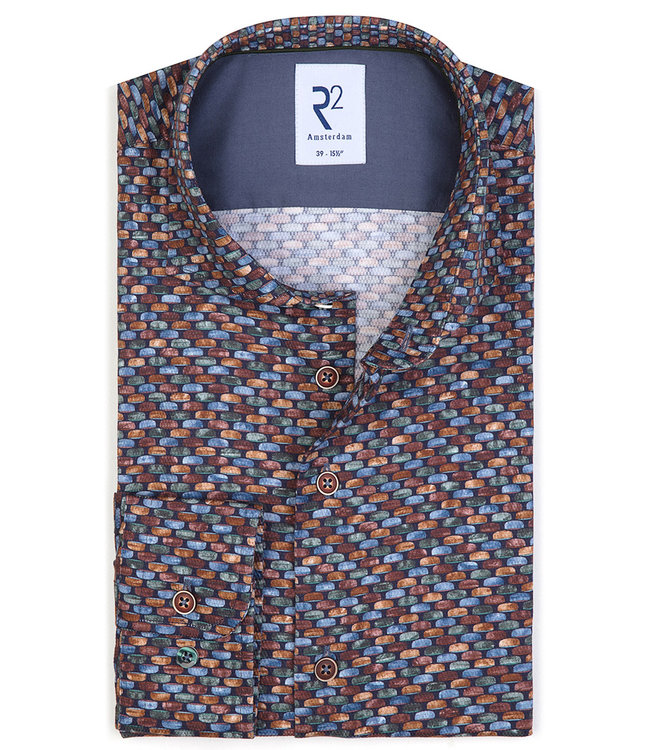 118.WSP.190/073 heren overhemd lichtblauw groen bruin grafische print 1knoops wide spread katoen