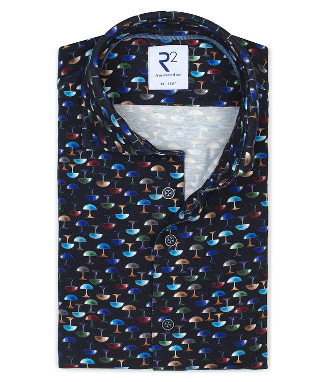 118.WSP.230/073 heren overhemd donkerblauw met gekleurde lampen print 1knoops wide spread katoen stretch