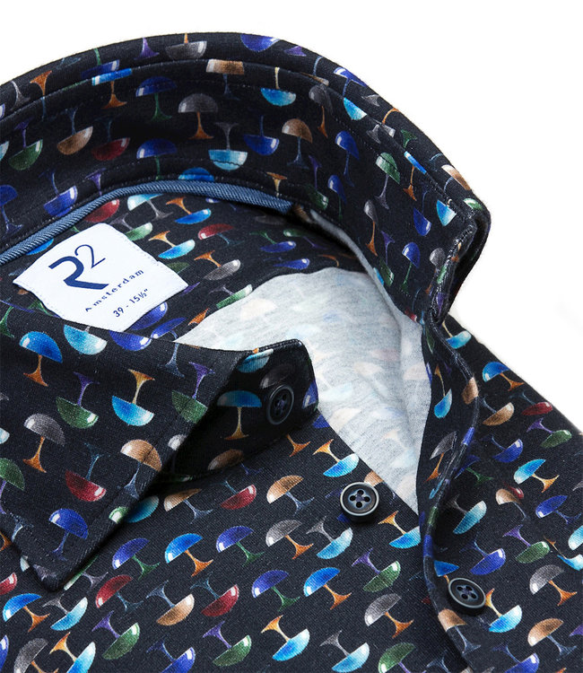 118.WSP.230/073 heren overhemd donkerblauw met gekleurde lampen print 1knoops wide spread katoen stretch