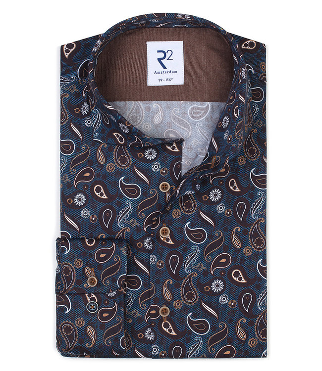 118.WSP.191/010 heren overhemd donkerbruin donkerblauw wit paisley print 1knoops wide spread katoen