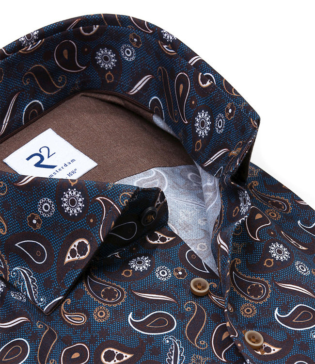 118.WSP.191/010 heren overhemd donkerbruin donkerblauw wit paisley print 1knoops wide spread katoen