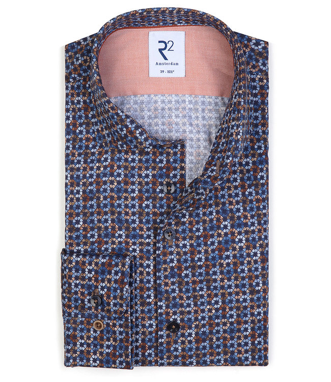 118.WSP.189/014 heren overhemd donkerblauw bruin blauw grafische print 1knoops wide spread katoen