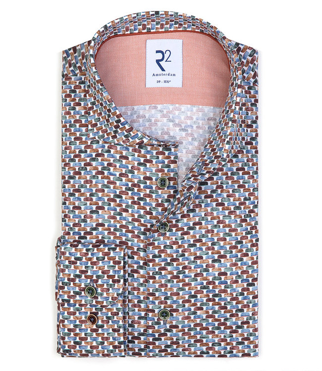 118.WSP.088/073 heren overhemd wit lichtblauw groen bruin grafische print 1knoops wide spread katoen