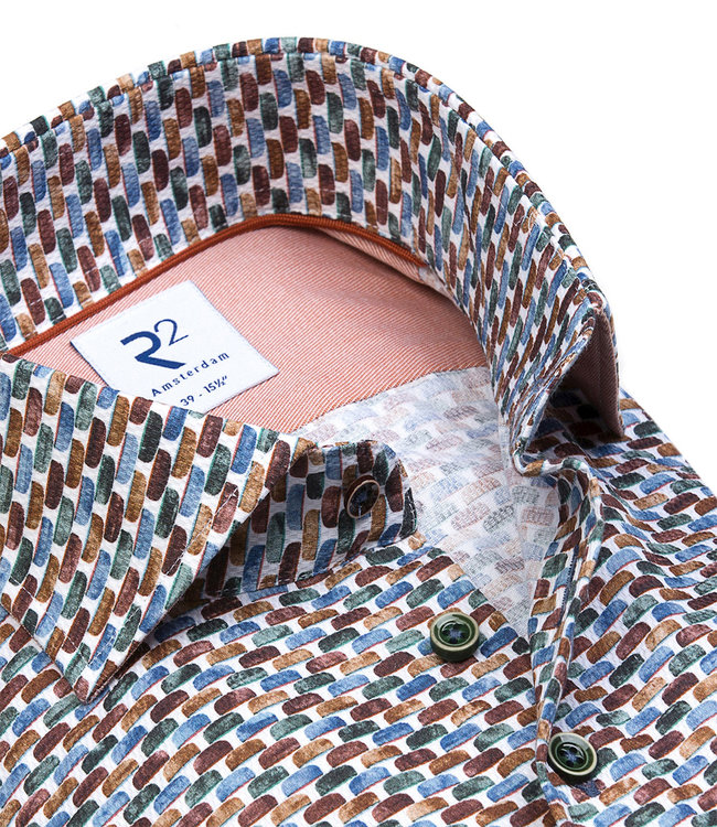 118.WSP.088/073 heren overhemd wit lichtblauw groen bruin grafische print 1knoops wide spread katoen