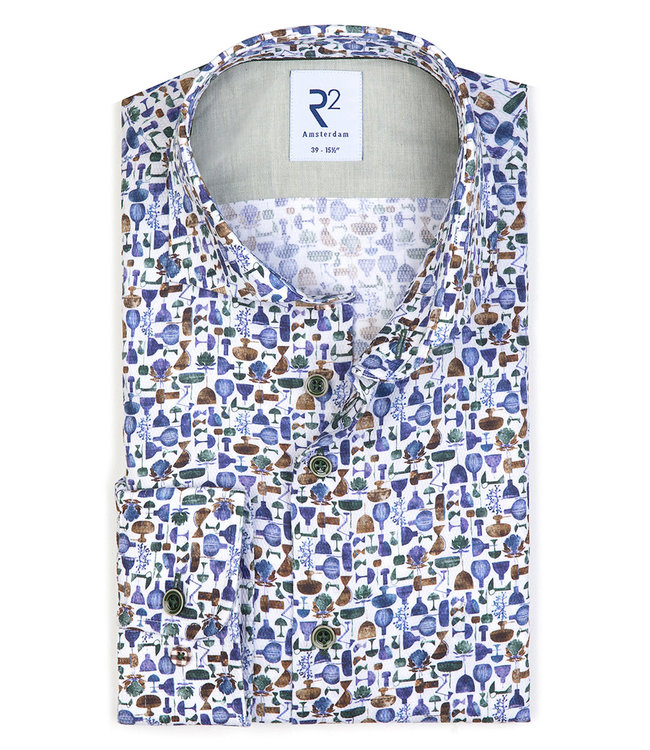 118.WSP.149/073 heren overhemd blauw flessengroen bruin lampen print wide spread katoen