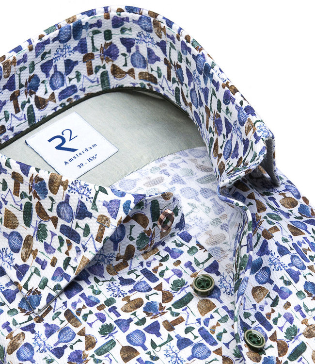 118.WSP.149/073 heren overhemd blauw flessengroen bruin lampen print wide spread katoen