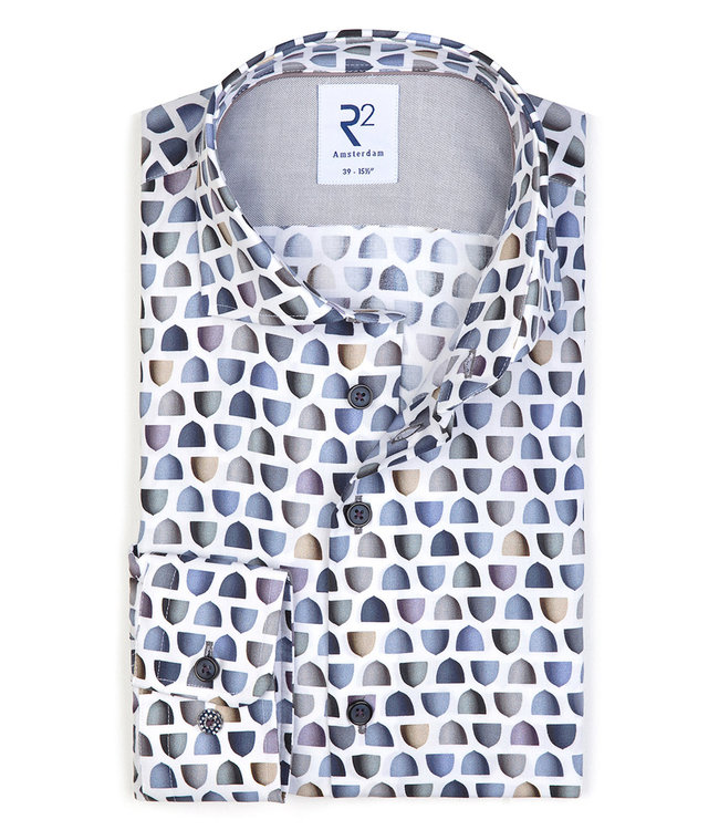 R2 Amsterdam 118.WSP.110/014 heren overhemd wit blauw grijs grafische lampen print 1knoops wide spread