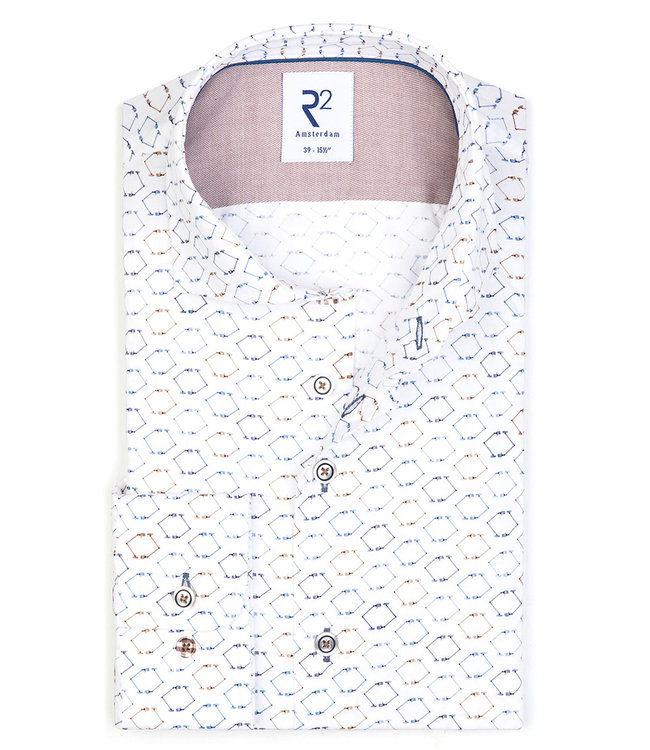 118.WSP.133/004 heren overhemd wit blauw beige bruin speciale lampen print 1knoops wide spread